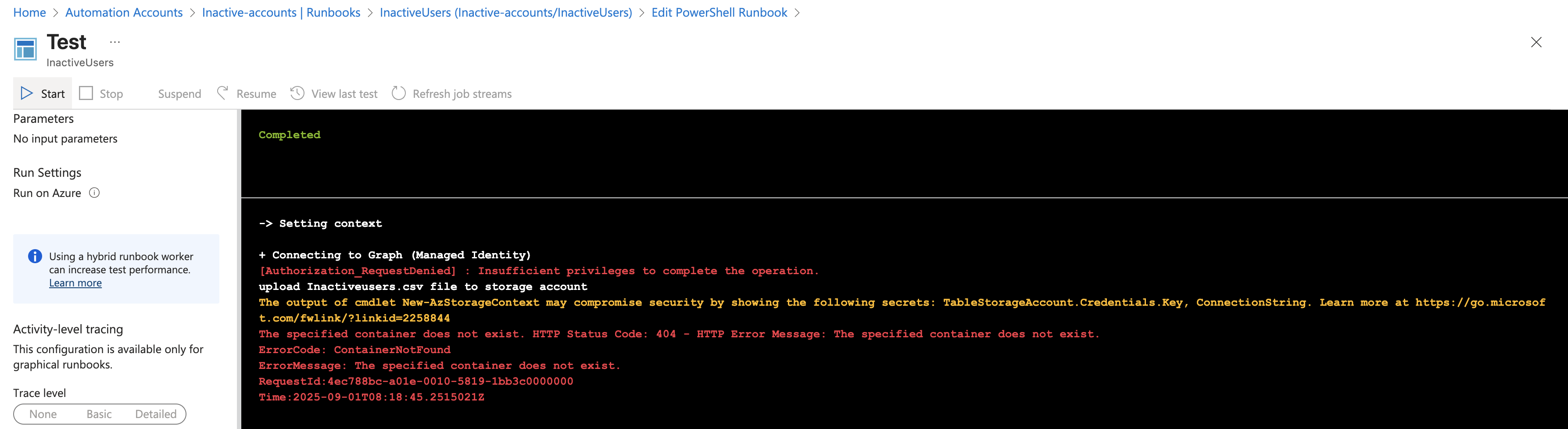 Error while excuting runbook in Azure Automation account - Microsoft Q&A