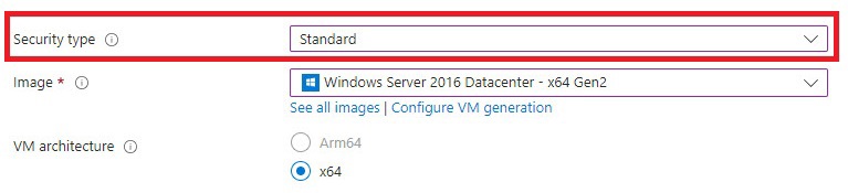 azure security type standard 2016 server