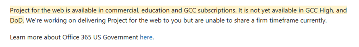 Is Project for the Web available to O365 Clients using GCC High ...