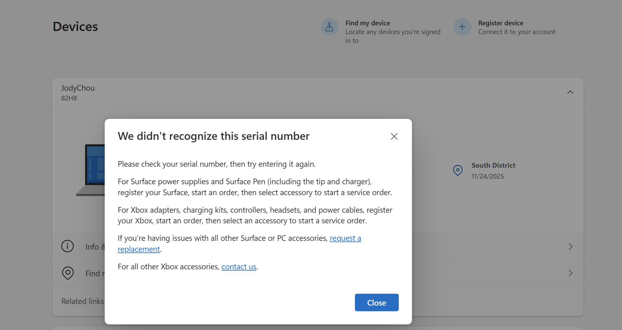 my ASUS laptop is not showing under devices under account.microsoft.com ...