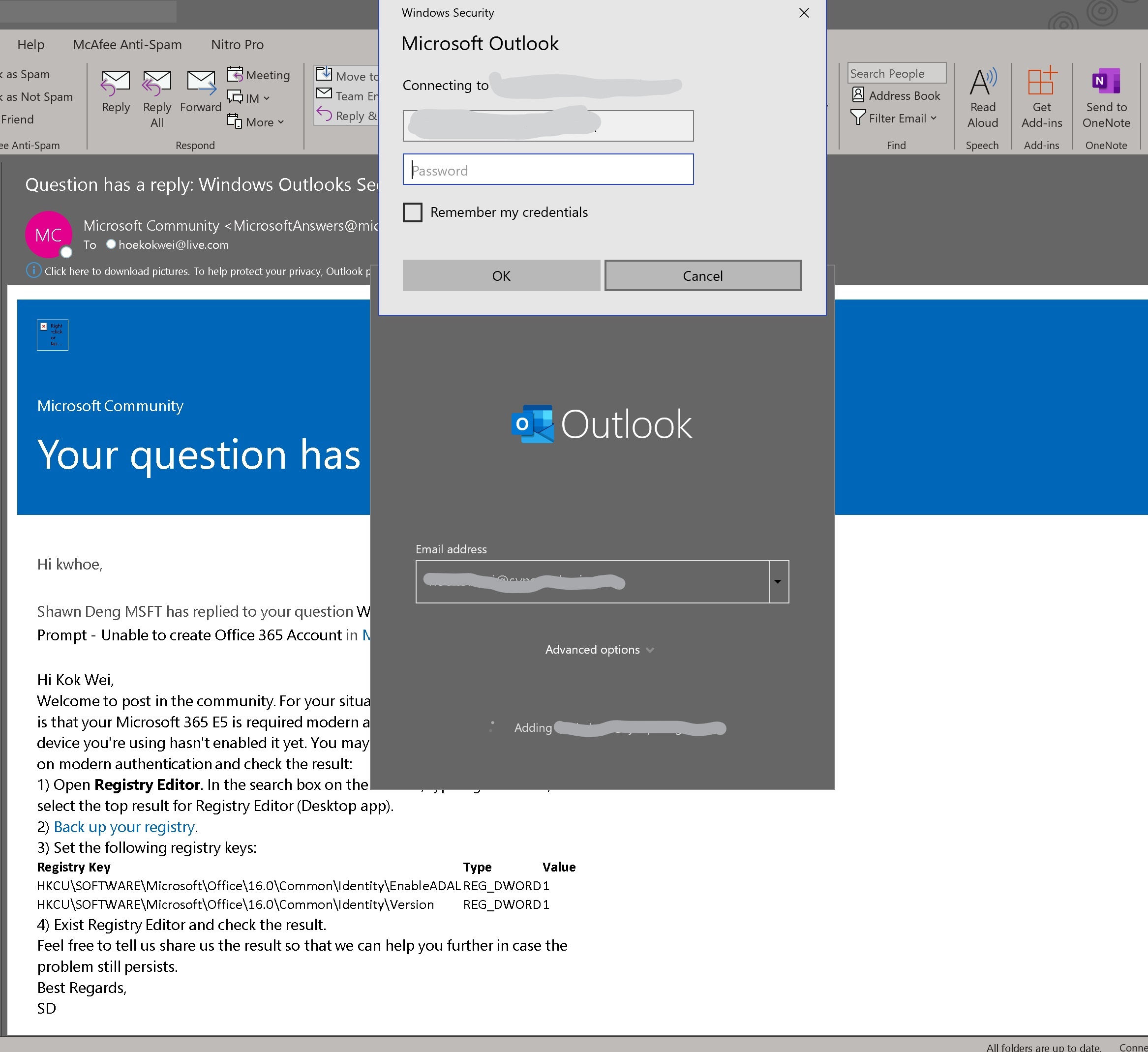 Windows Outlooks Security Prompt - Unable to create Office 365 Account ...