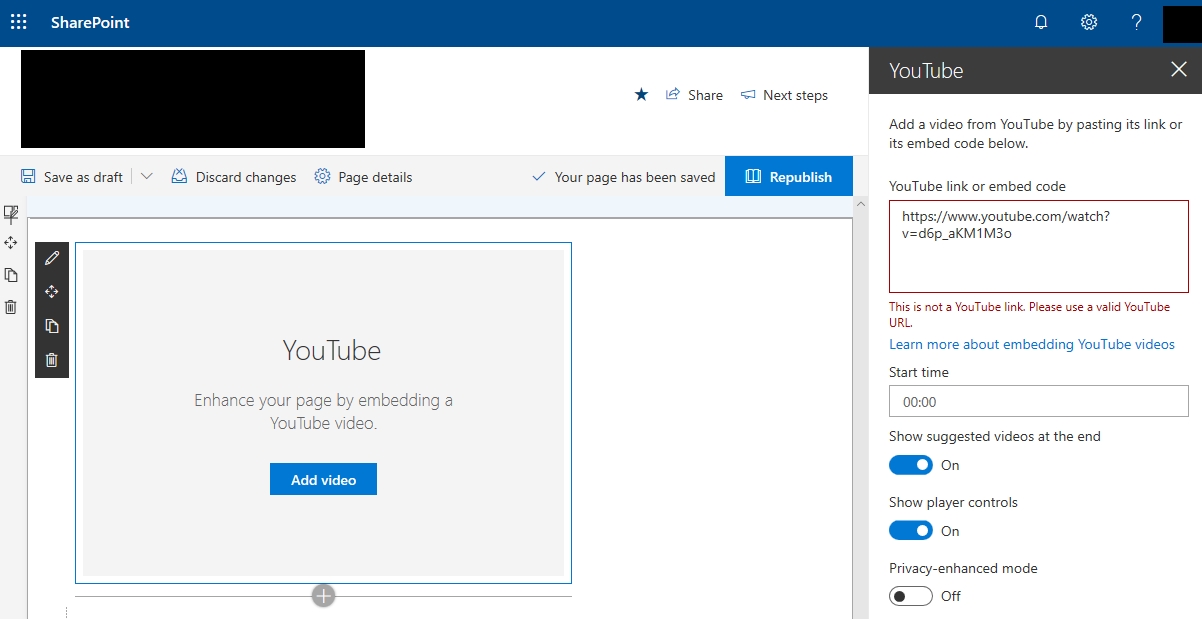 SharePoint modern page YouTube web part broken - Microsoft Q&A