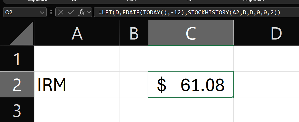 how do we get the stock price on excel for IRM 1 year ago @ open ...