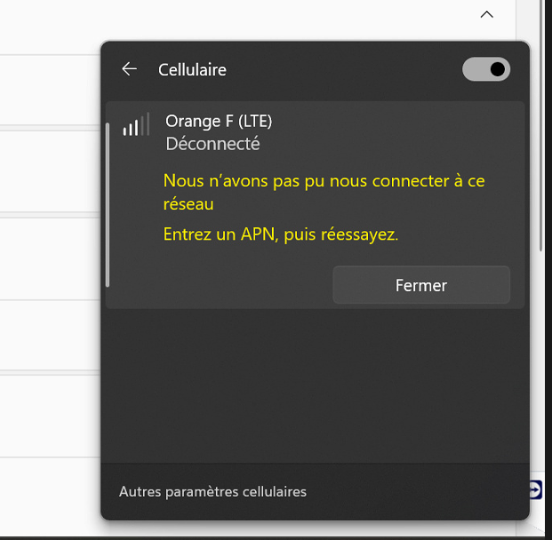 Connection donnée Réseau cellulaire impossible avec KB5062660