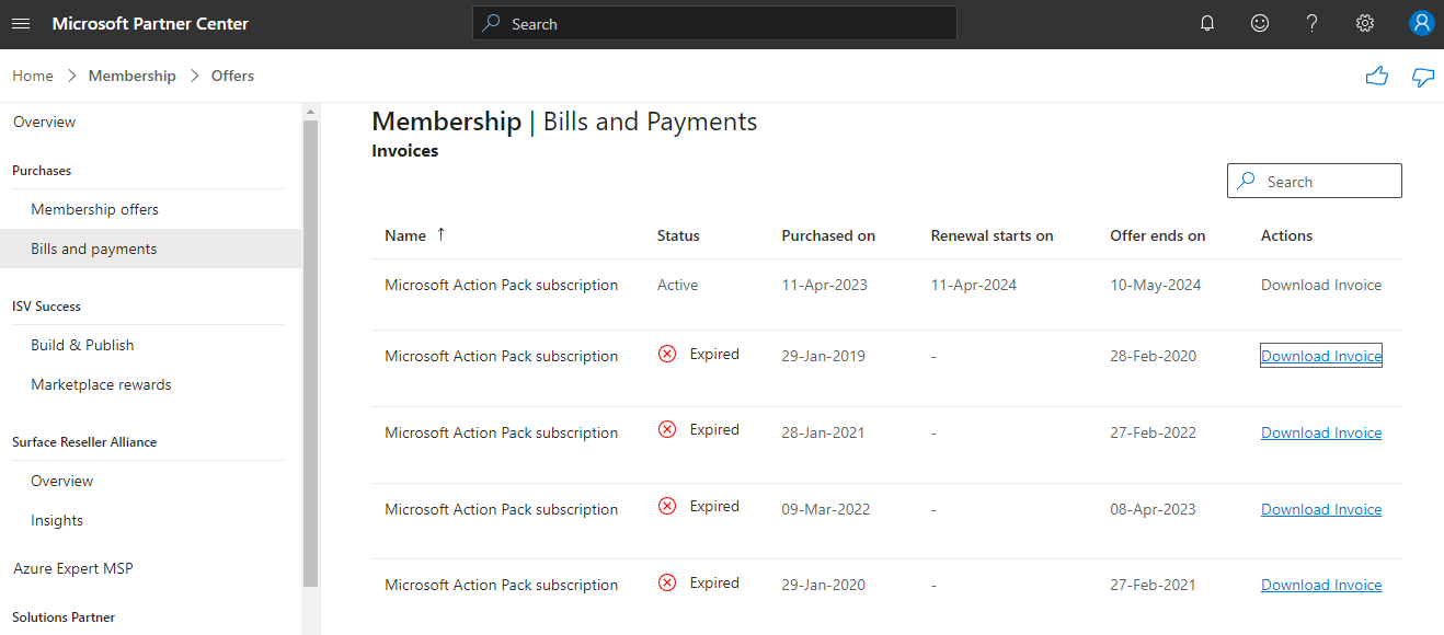 MS Partner Center - Bills and payments