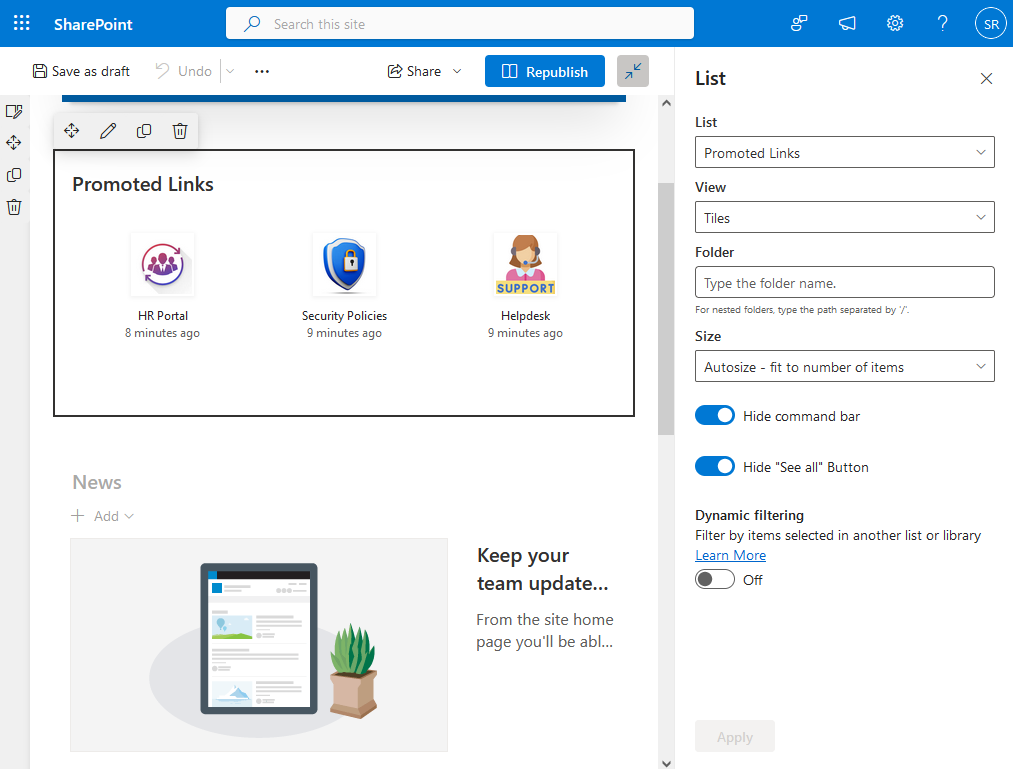 add promoted links to sharepoint modern page