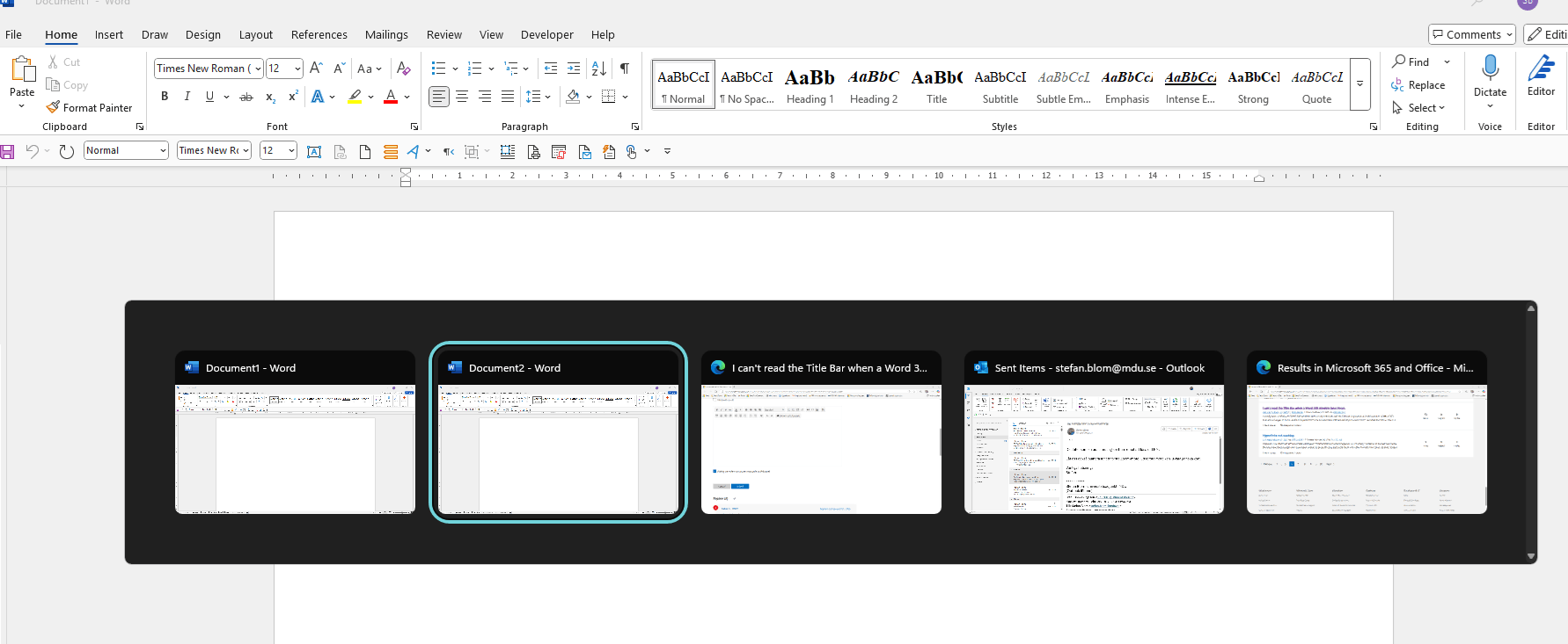 I can't read the Title Bar when a Word 365 window loses focus ...