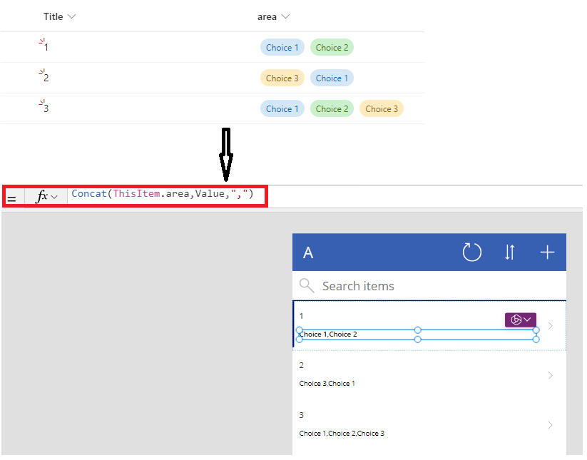 How to display the item of choice column in the gallery of power apps ...