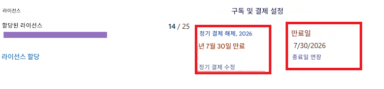 라이선스할당된 라이선스14/25라이선스 할당정기 결제 해제, 2026년 7월 30일 만료정기 결제 수정구독 및 결제 설정만료일7/30/2026종료일 연장
