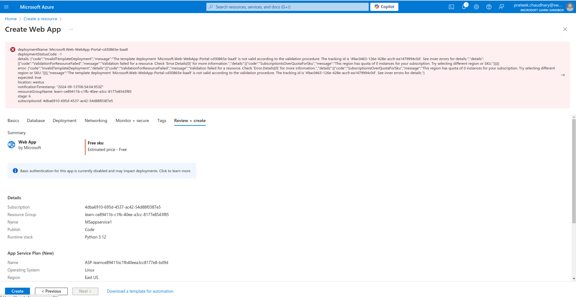 I am not able to create web app in sandbox - Microsoft Q&A