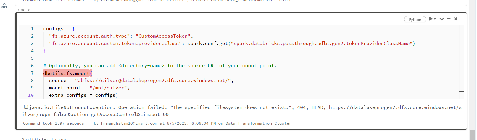 I am unable to mount containers using databricks and storage gen 2 ...