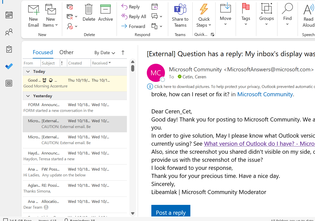 My inbox's display was broke, how can I reset or fix it? - Microsoft Q&A