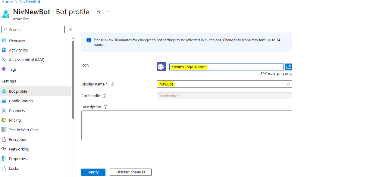 Getting error when i try to change the MS team bot's icon or name ...
