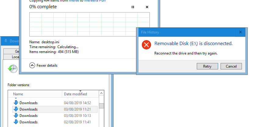 File history- Removable disk e is disconnected - Microsoft Q&A