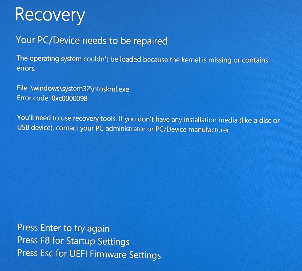 无法进入系统 windows root>\system32\ntoskrnl.exe. 0 x c0000098 - Microsoft Q&A