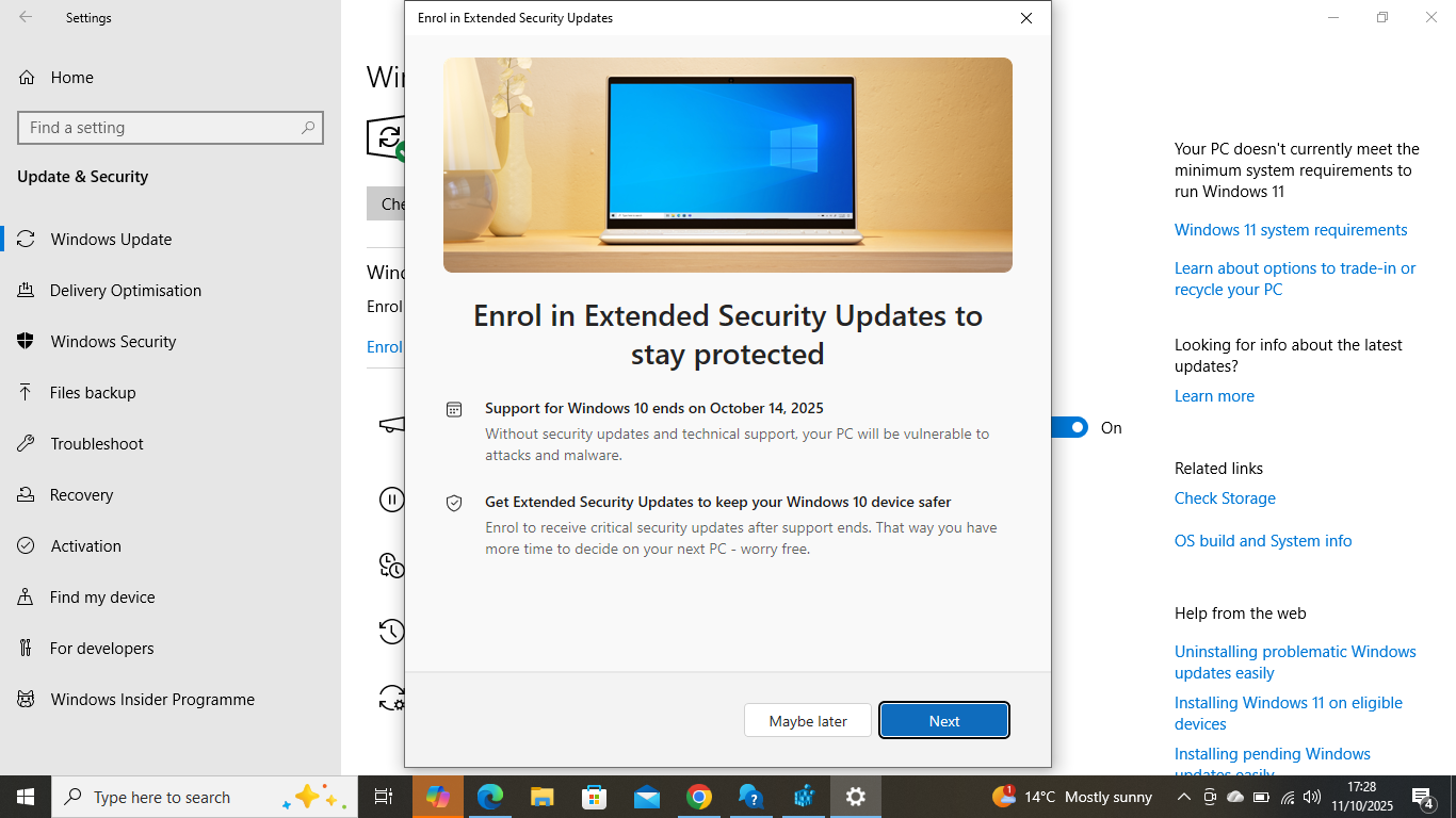 Error message when trying to enrol for Windows 10 extended security ...