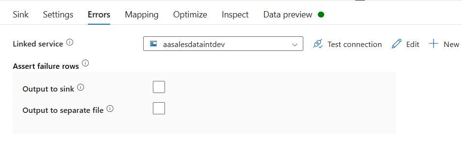 ADF Dataflow Error tab