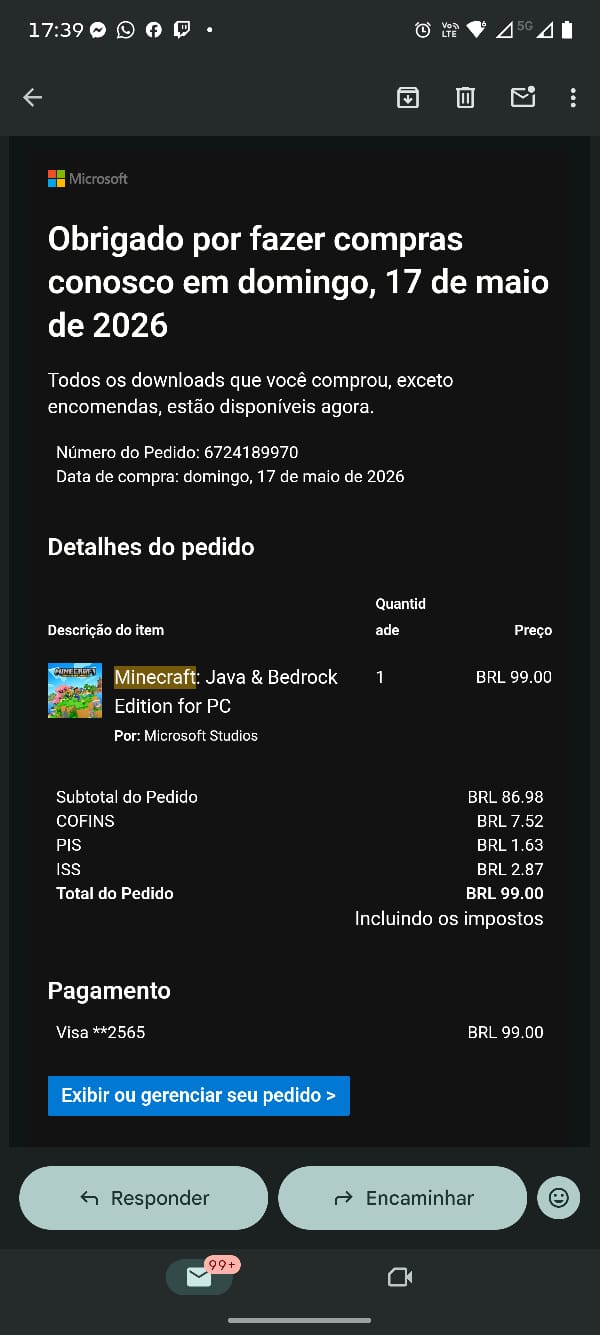 comprovante de compra do Minecraft