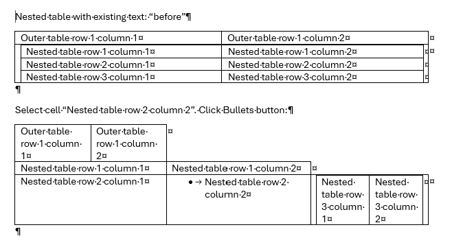 Word - adding bullet list to a cell wildly reformats nested table ...