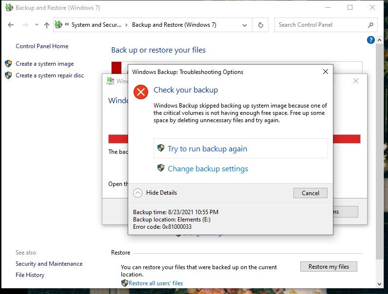 backup and restore system image fails - Microsoft Q&A
