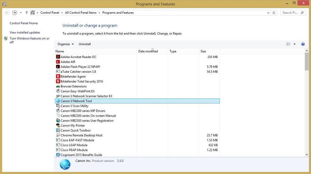 Program and Features view Blank Columns for Date Modified and Type ...