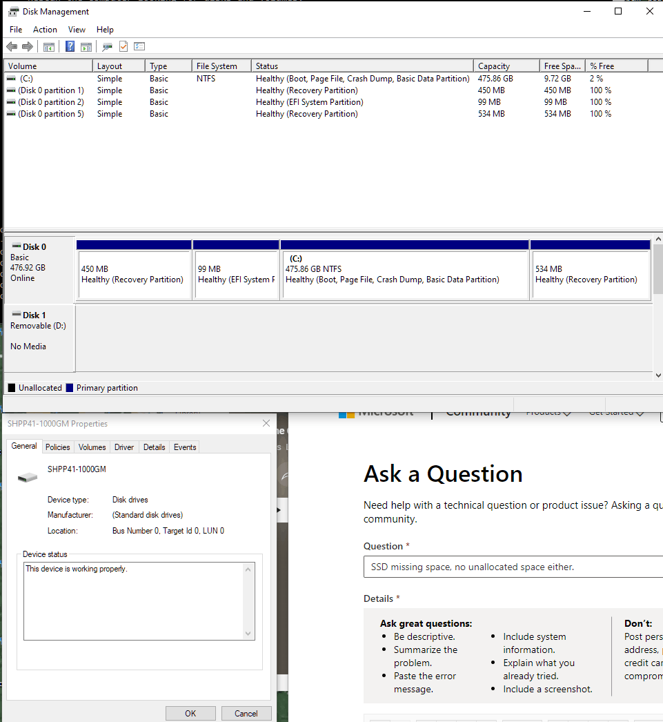 SSD missing space, no unallocated space either. - Microsoft Q&A