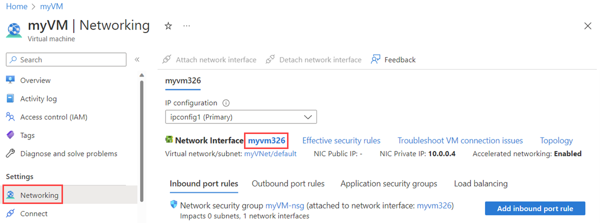 Screenshot showing how to select the network interface of a virtual machine.