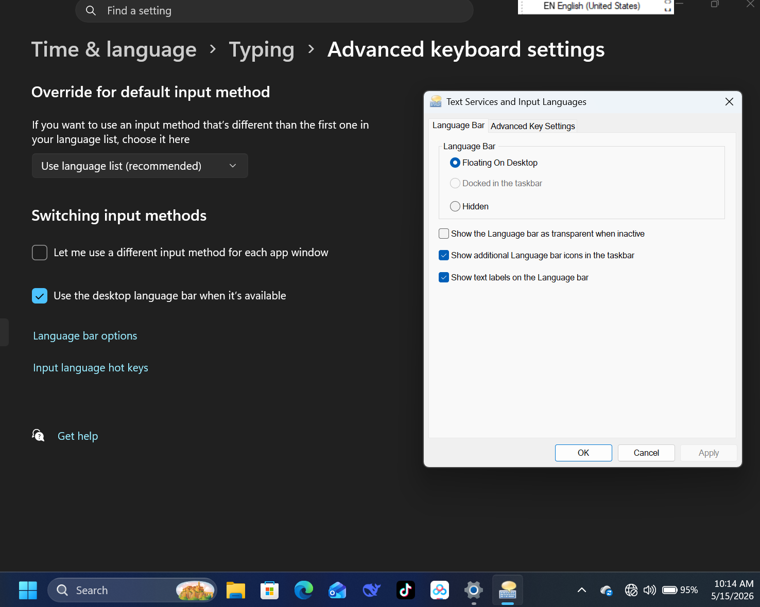 Language Bar floating and can't dock in Toolbar. - Microsoft Q&A