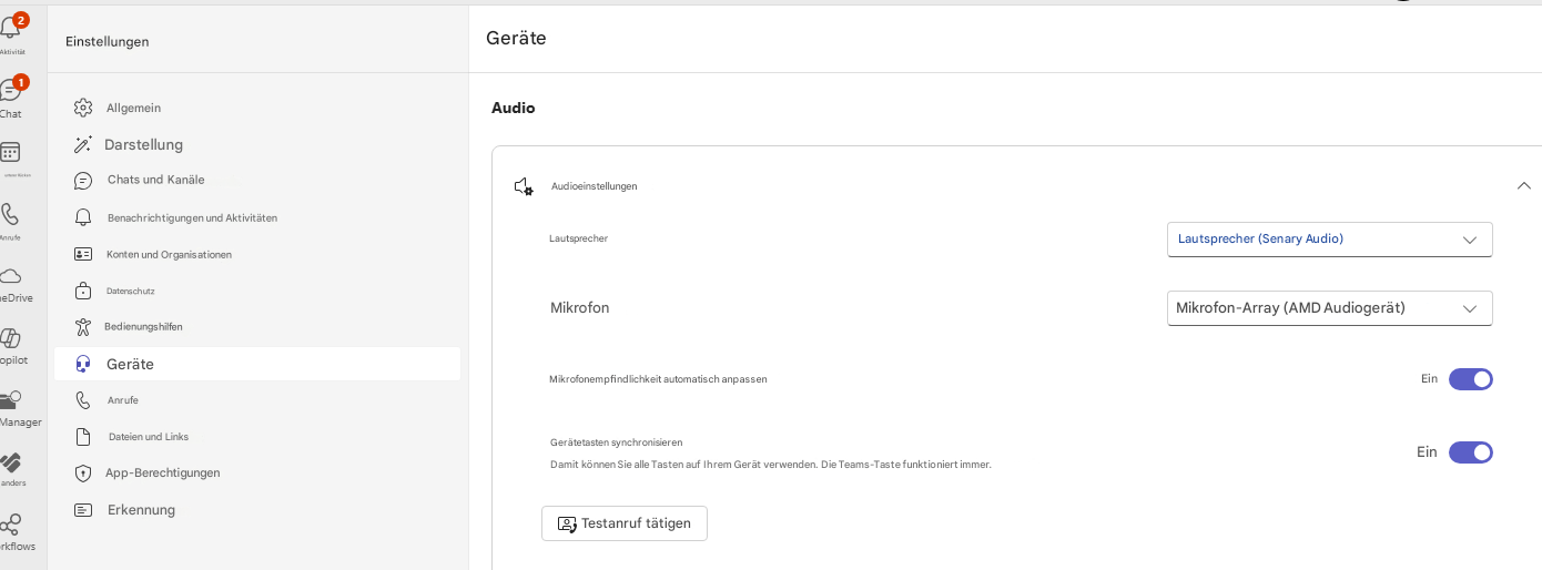 EinstellungenAktivitätChatunterer RückenAnrufeeDriveopilotGeräteAllgemeinAudioDarstellungChats und KanäleBenachrichtigungen und AktivitätenAudioeinstellungenKonten und OrganisationenLautsprecherDatenschutzBedienungshilfenMikrofonLautsprecher (Senary Audio)Mikrofon-Array (AMD Audiogerät)EinEinGeräteAnrufeMikrofonempfindlichkeit automatisch anpassenManagerDateien und LinksGerätetasten synchronisierenApp-BerechtigungenandersDamit können Sie alle Tasten auf Ihrem Gerät verwenden. Die Teams-Taste funktioniert immer.ErkennungrkflowsTestanruf tätigen