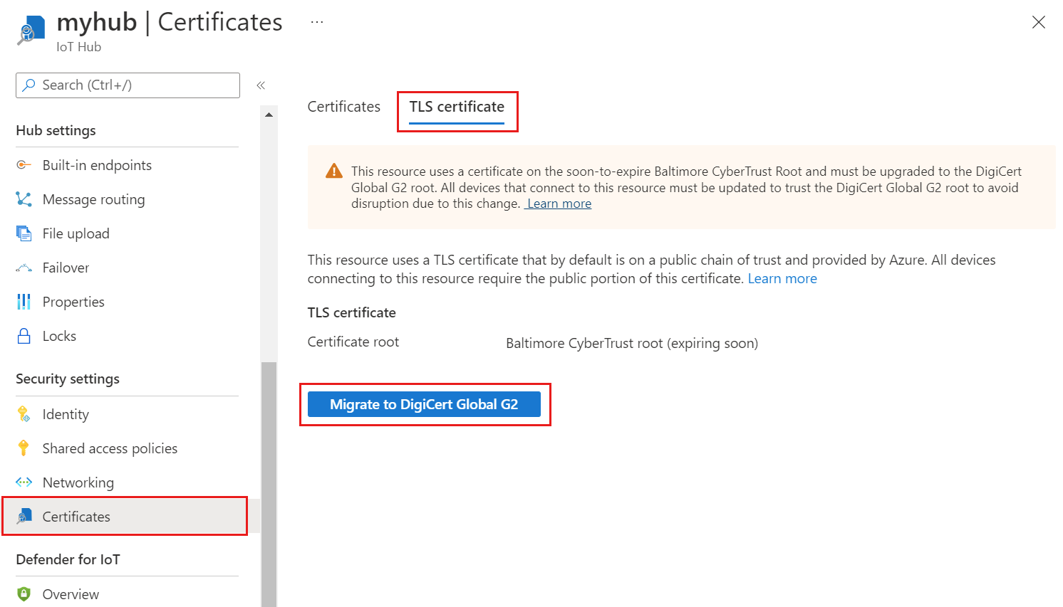 Screenshot of the TLS certificate tab, select 'Migrate to DigiCert Global G2.'