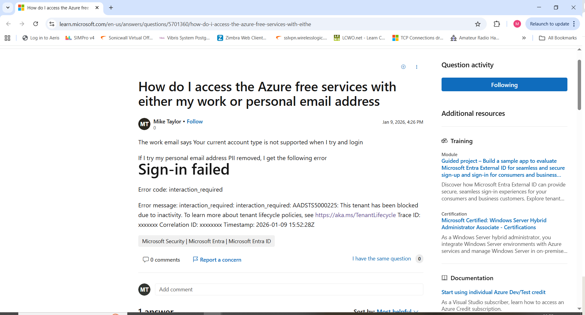 How do I access the Azure free services with either my work or personal ...