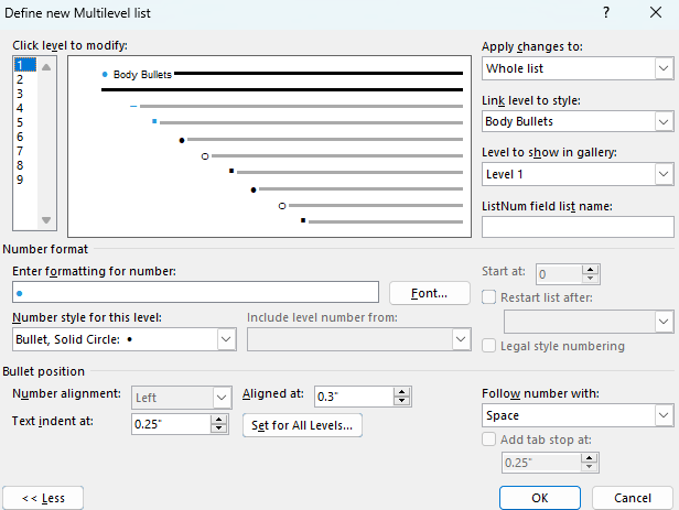 How to create a multilevel or nested bullet list for template ...