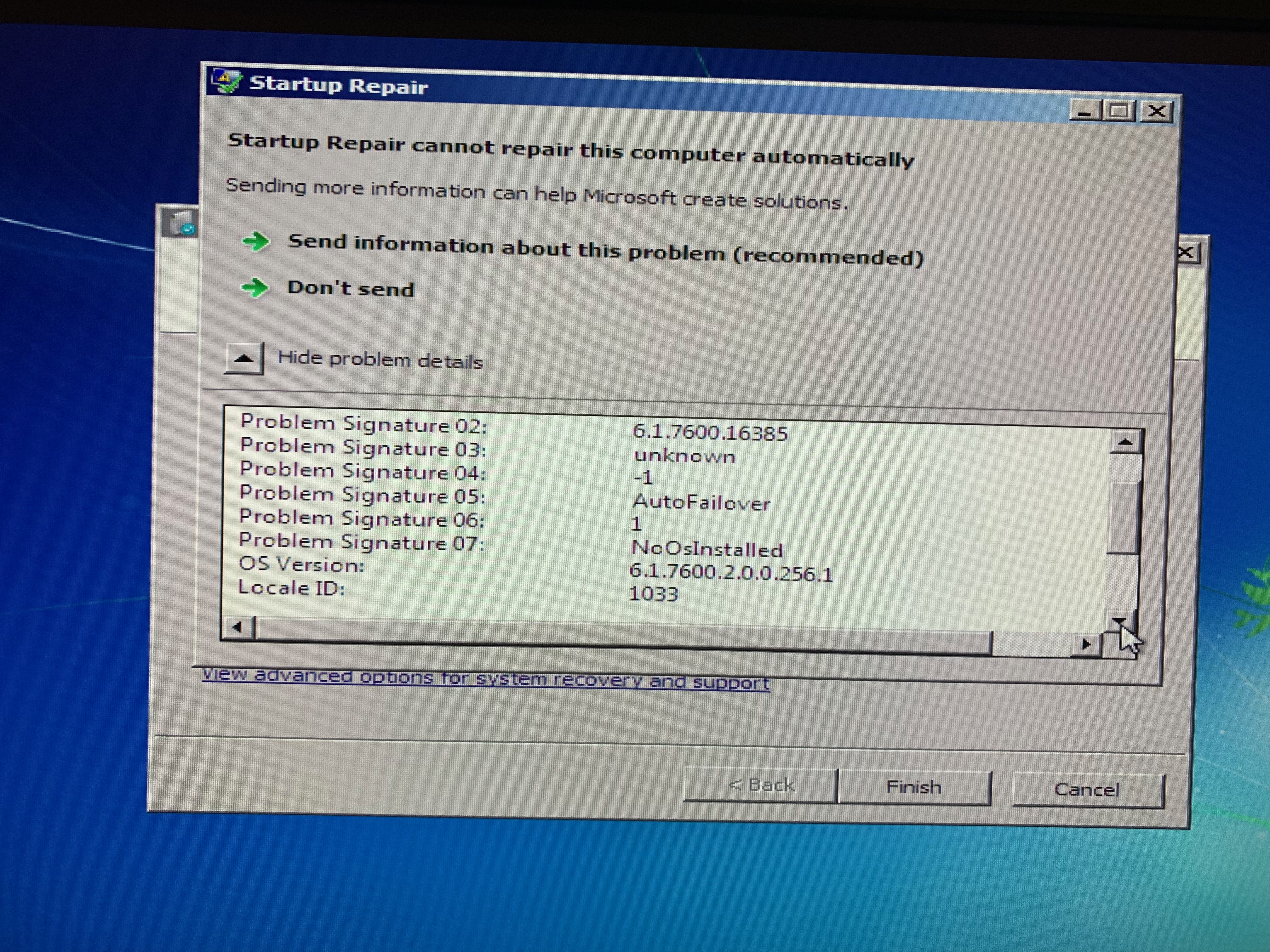 その他 Windows7 Windows 7 Windows repair says on OS found - Microsoft Q&A