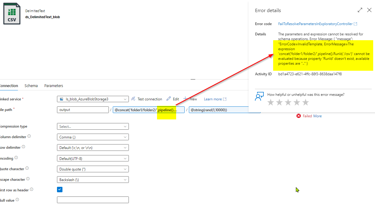 Error during data preview at sink : 