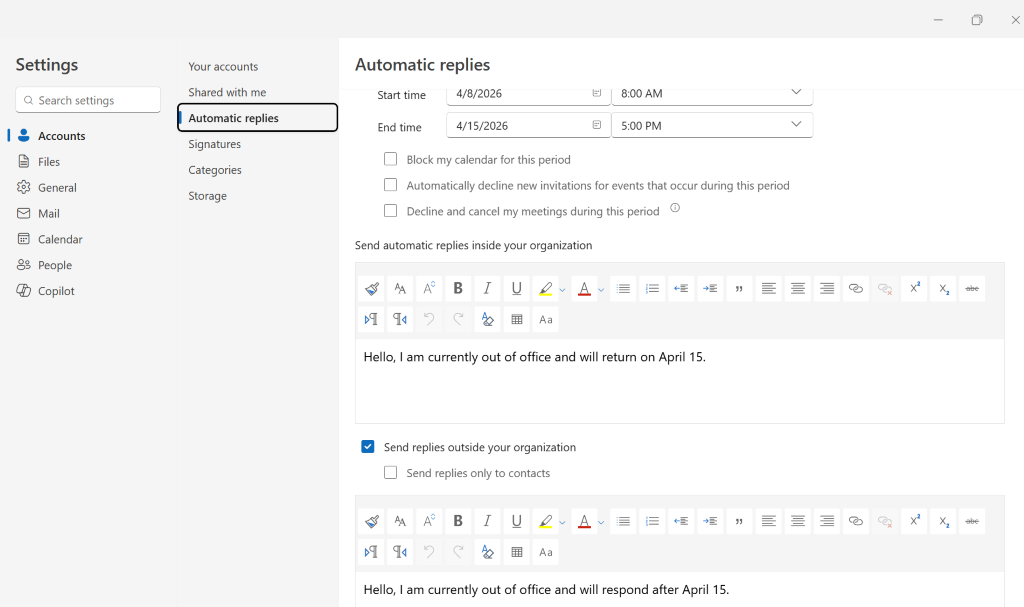Start and End Dates for Automatic Replies in Microsoft 365 Admin Center ...