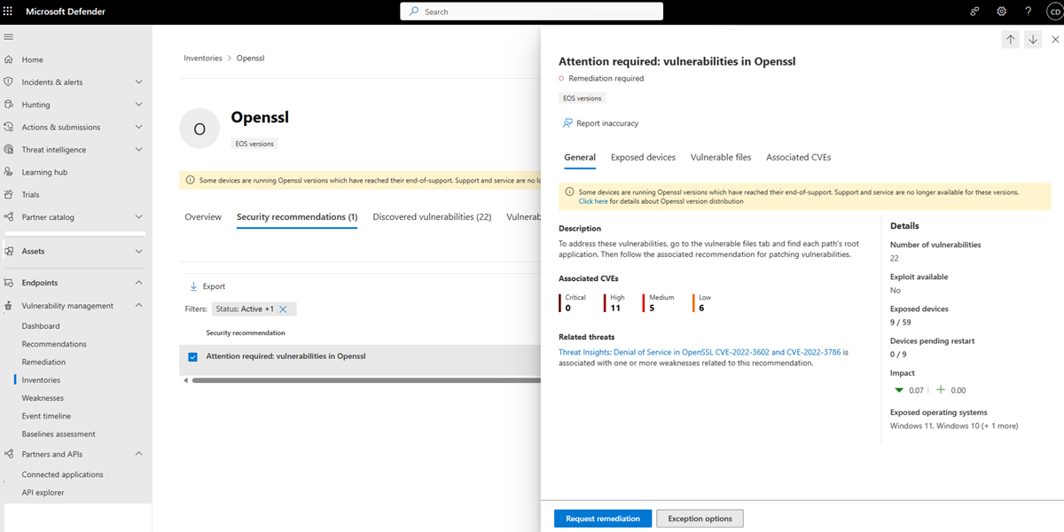 Example of a software recommendation for a vulnerable component.