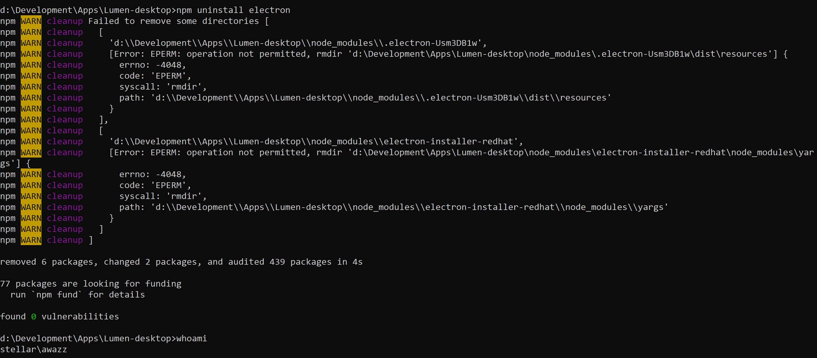 Erorr using NPM package manager: EPERM: operation not permitted, rmdir ...