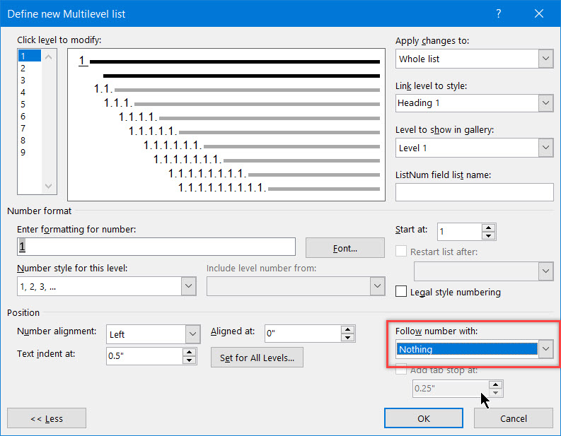Underlining number/letter not punctuation in a multilevel list ...