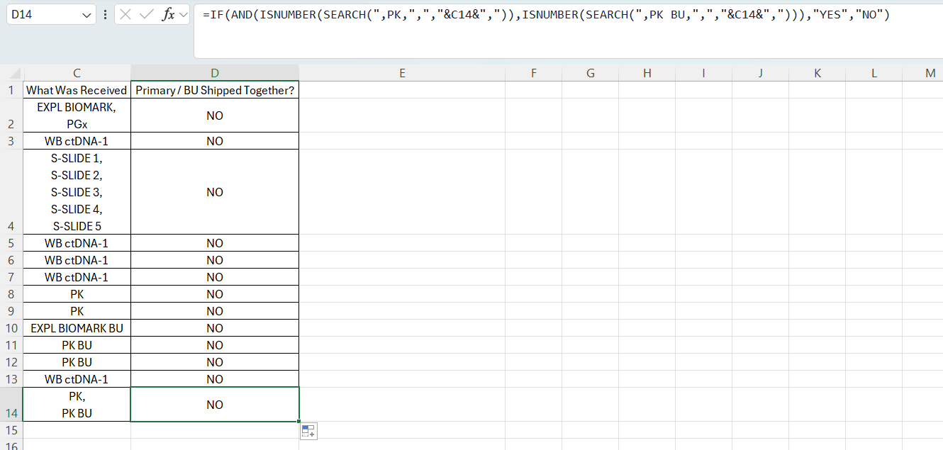 Trying to write formula to tell me if two values are in one cell ...