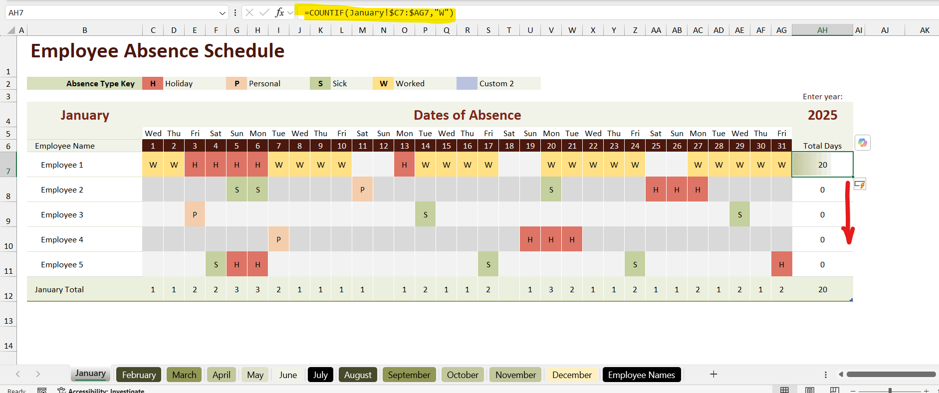 How to fix total columns in absence tracker to not count days worked ...