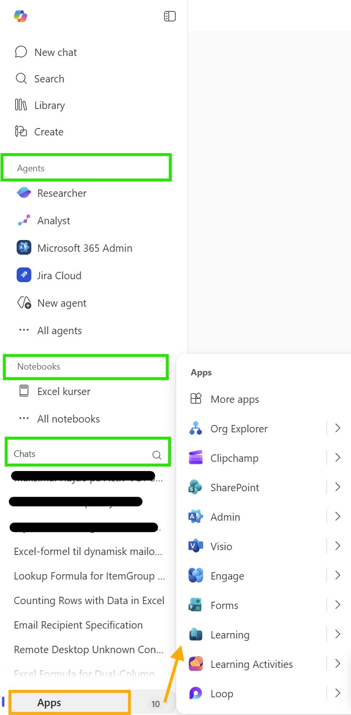 Microsoft 365 Copilot menu left pane