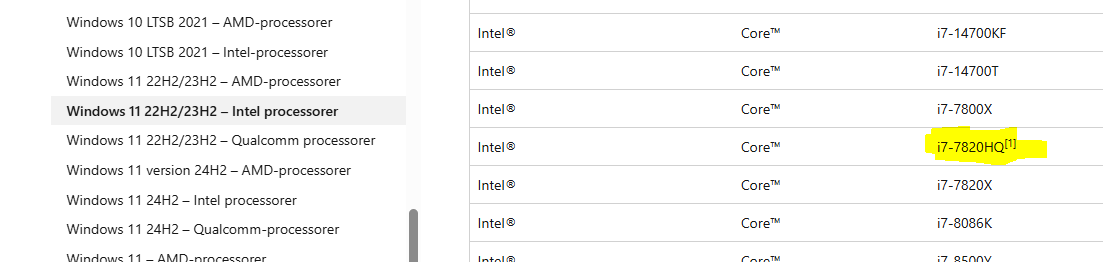 I have a Intel Core i7-7820HQ CPU which is on the list for the 22h2 win ...