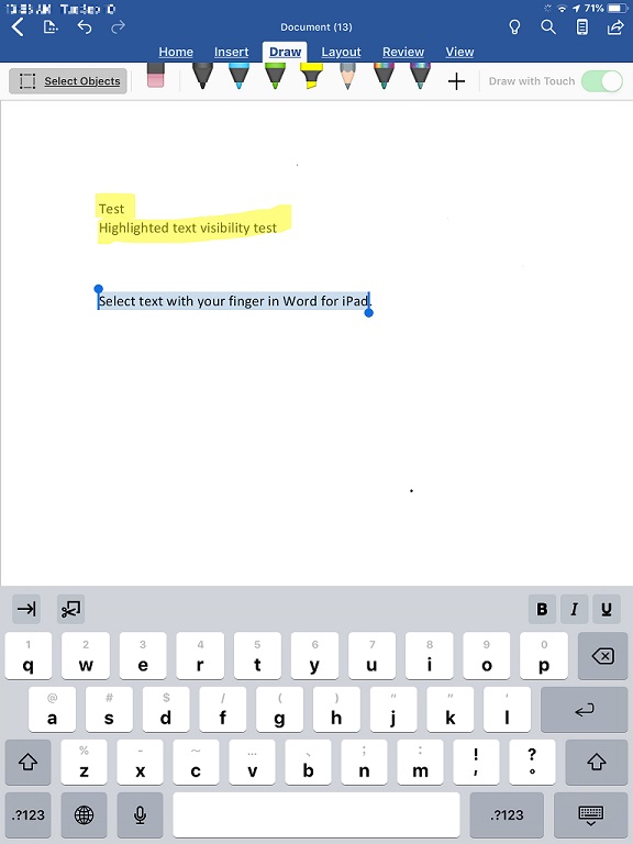 Highlighted Text Not Visible in Word Document on ios app for iPad Air 2 ...