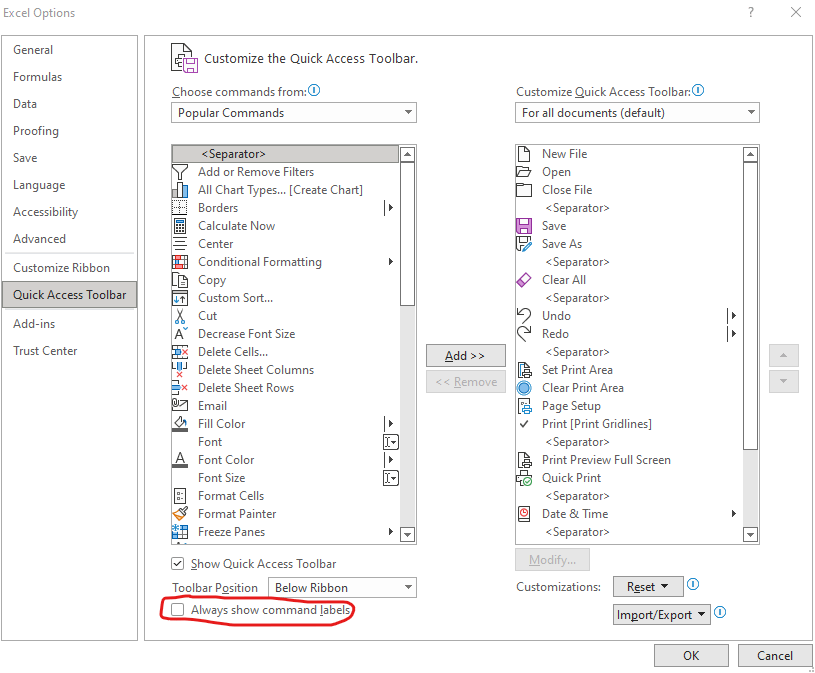 Quick Access Toolbar - Command Labels Gone, No Way To Enable Them ...