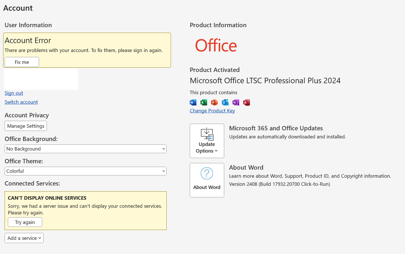 Microsoft Office account error