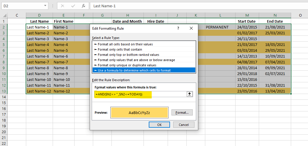 Conditional Formatting of a row based on today's date in one of the ...