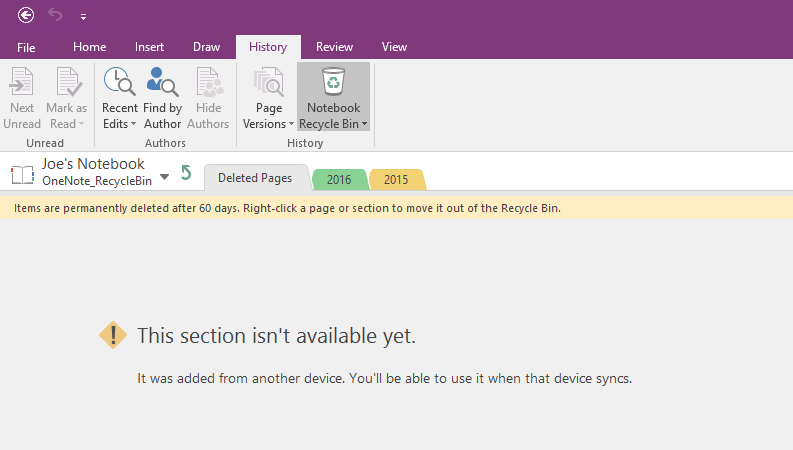 OneNote 2016 Recycle Bin is not fully synced or corrupt - how do I ...