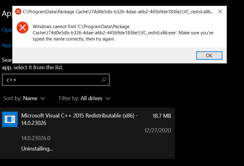 Cannot uninstal Microsoft visual c++ 2015 redistributable x86 - 14.0. ...
