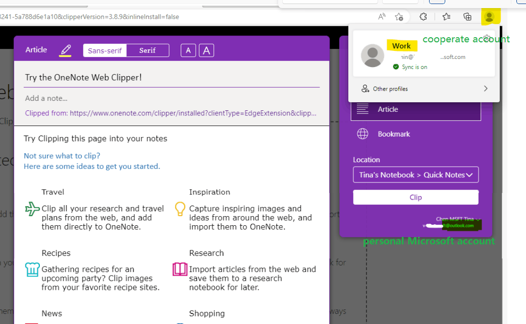 Manage web clipper with personal and corporate accounts - Microsoft Q&A