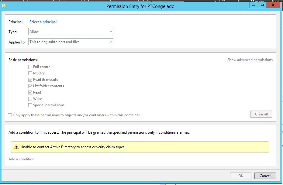 Unable to contact Active Directory to access or verify claim types